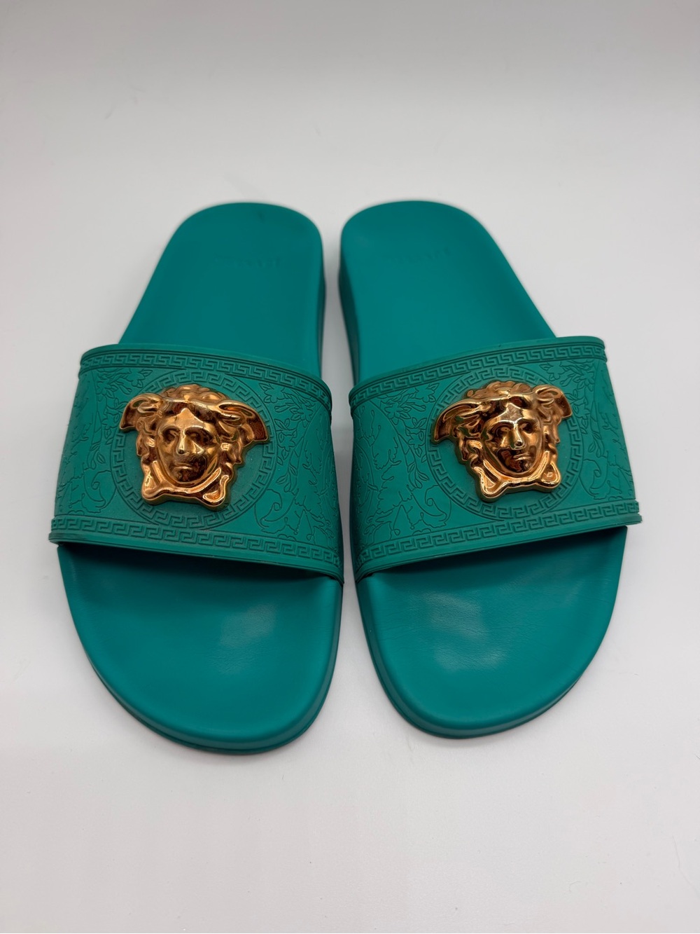 Versace Teal Slide Sandals with Gold Medusa Emblems Sz 8 US
